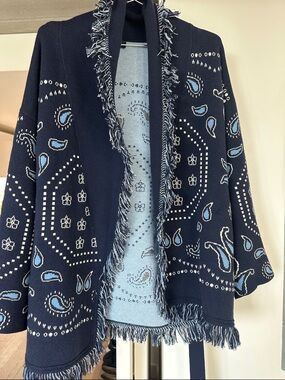 GAP Navy and Light Blue Paisley Fringe Open-Front Cape